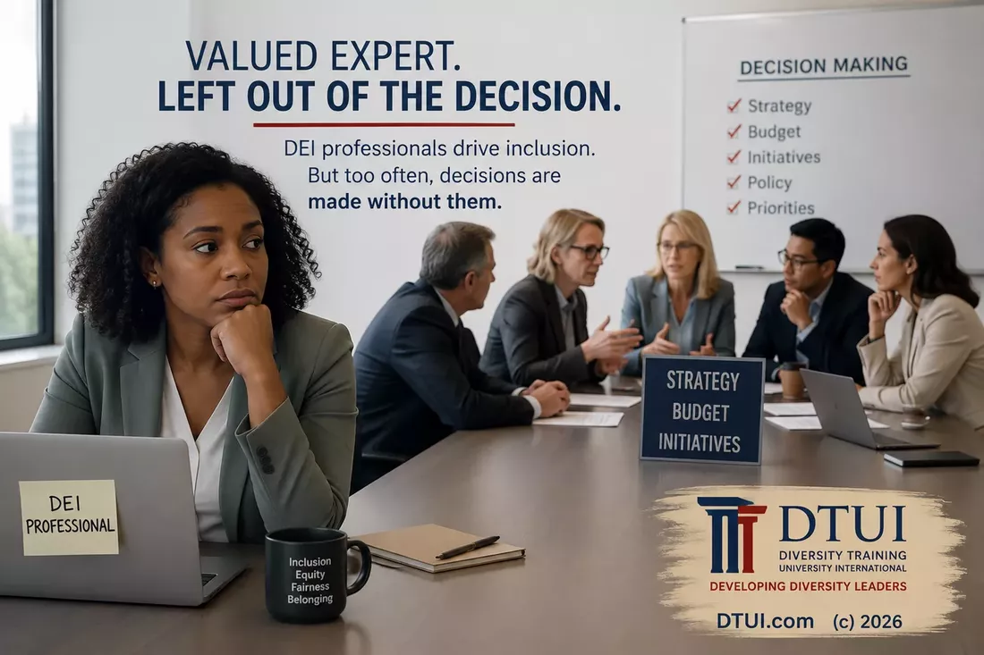 A DEI professional sits apart from a leadership meeting where strategy, budget and initiatives are being decided, over the caption: valued expert, left out of the decision.