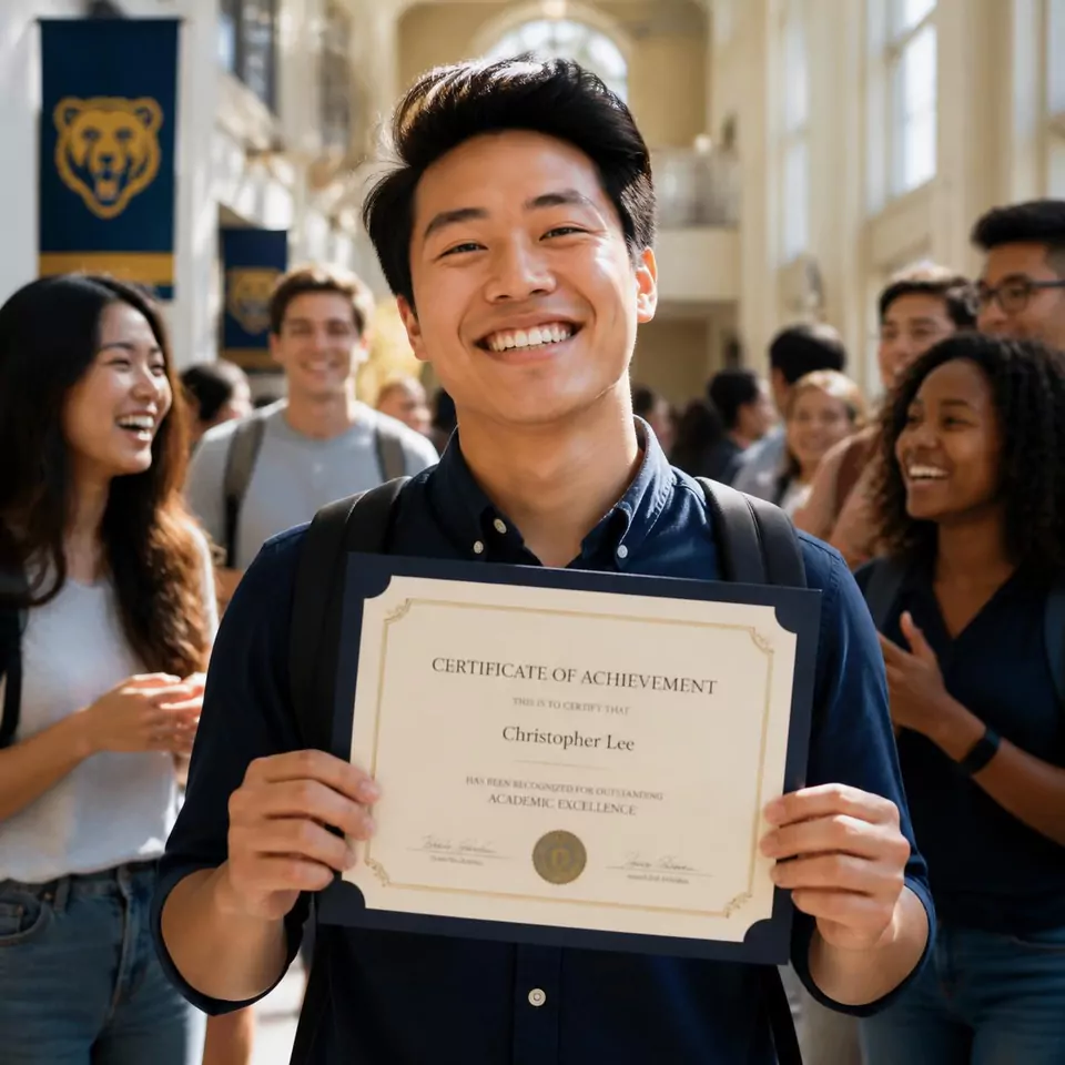 Smiling graduate holding a certificate of achievement